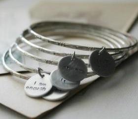 Recycled Silver Bangle with Hand-Stamped Word Disc - Inspirational ONE bangle charm bracelet