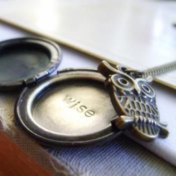 Antiqued Brass Secret Word Locket with Owl - Wise